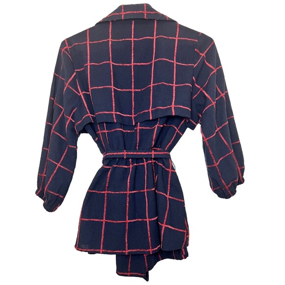 A.PEACH Navy Blue/Red Plaid Blazer Jacket Open Tie Belt Career Preppy Casual Med - Picture 2 of 7